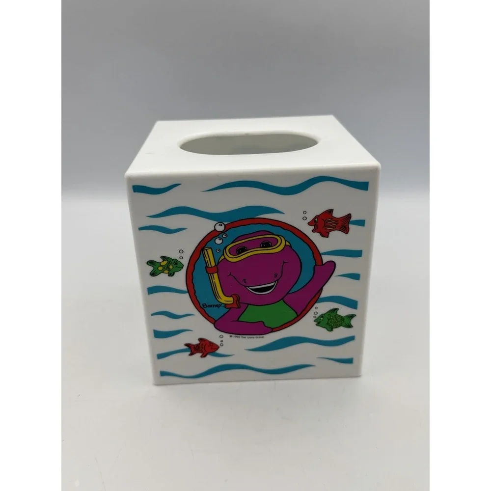 Vintage 1993 Barney Snorkeling Plastic Tissue Box Cover Lyons Group Purple Dino
